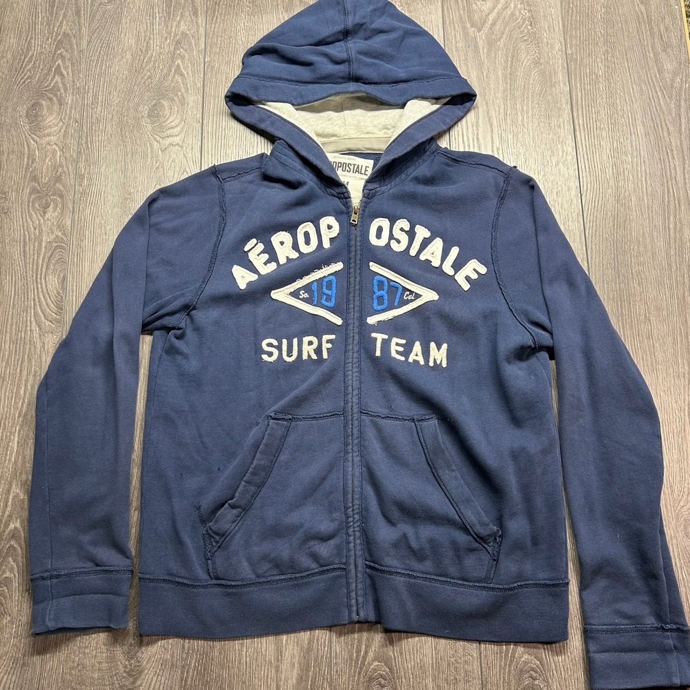 Aeropostale Mens Navy Blue Surf Team Medium Full Zip Hoodie Sweatshirt Vtg y2k